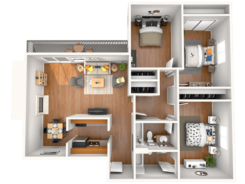 A 3D rendered image of a small apartment layout.